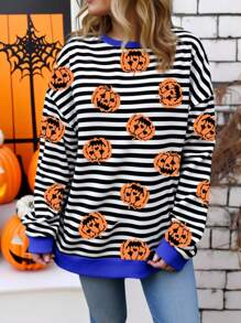 EMERY ROSE Halloween Casual Versatile Minimalist Blue White Black Contrast Stripe Letter Pumpkin Graphic Plus Size Sweatshirt, Suitable For Halloween, Autumn/Early Winter Fall - Multicolor - View 5