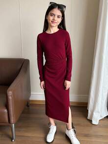 SHEIN Vestido de manga larga ajustado de longitud media con nudo retorcido de unicolor informal para niña preadolescente, adecuado para Halloween, Navidad, fiesta elegante, color vino tinto - Burdeos - Ver 8
