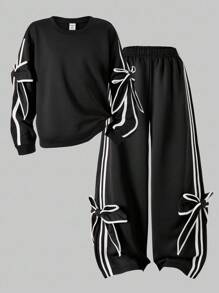 Sparklyn 2 件青少年女孩宽松休闲可爱设计撞色蝴蝶结袖上衣搭配宽松阔腿撞色条纹裤，适合日常、通勤、休闲、街头风格、姐妹聚会、秋冬 - 黑色 - 查看 4