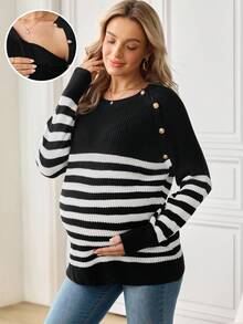 SHEIN 孕妇纽扣设计圆领长袖条纹休闲哺乳毛衣 - 黑與白 - 查看 1