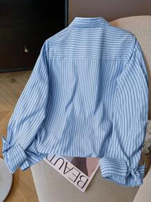 Franclia Áo sơ mi sọc xanh đơn giản phong cách Hàn Quốc dành cho nữ, áo dài tay cổ bẻ, thời trang xuân/hè 2025 mới - Màu xanh lam - Xem 2