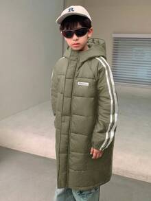 SHEIN 儿童/青少年男童休闲运动拼布派克大衣，厚连帽中长款梭织棉服，适合通勤、上学、日常休闲、旅行、运动、春夏秋冬 - 軍綠色 - 查看 5