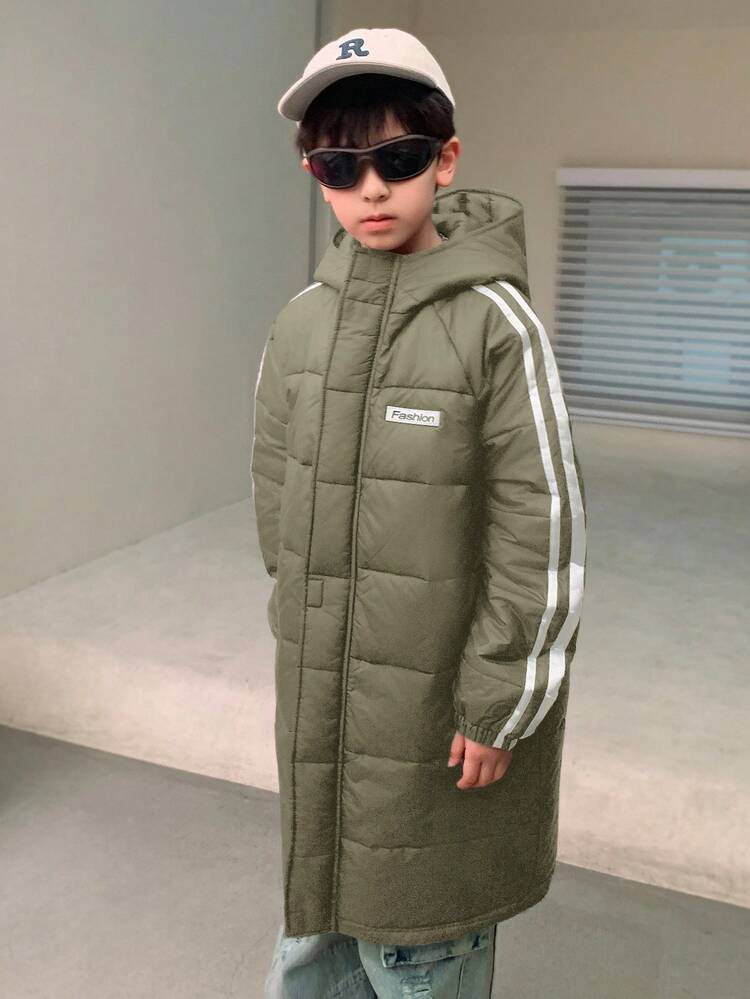 SHEIN Barn/Tween Pojkar Casual Sportig Patchwork Parka, Tjock Huvad Mellanlång Vävd Vadderad Kappa Lämplig För Pendling, Skola, Vardagsliv, Resor, Sport, Vår/Sommar/Höst/Vinter - Armé Grön - Visa 5