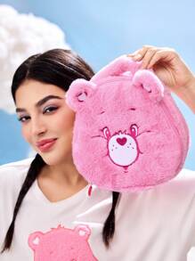 SHEIN X Care Bears 1 件可爱毛绒熊头造型化妆包，手提式，超大容量，可存放化妆品瓶和日常用品，适合女性和青少年，欢呼熊，熊