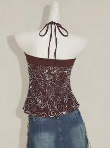 SHEIN ICON 女式亮片垂坠领上衣，复古 Y2K 风格性感透视网眼露背亮片衬衫，修身版型 - 棕色 - 查看 2