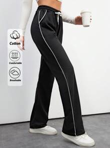 SHEIN Tall Cotton Contrast Piping Drawstring Waist Sweatpants - Black - View 1