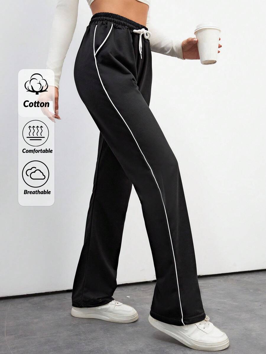 SHEIN Tall Cotton Contrast Piping Drawstring Waist Sweatpants - Black - View 1