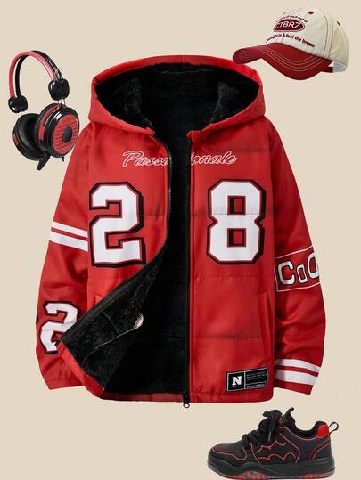 SHEIN Explorewe 女童休闲运动连帽夹克，正面和袖子印有数字和字母，2 个斜插袋，黑色拉链，适合上学、散步、购物、运动、通勤，可搭配短袖/长袖上衣、裤子、背心