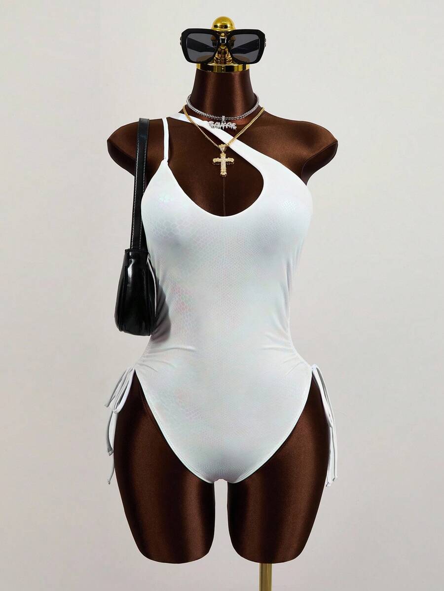 Zestiva 2025 Fashionable Sexy Metallic One-Piece Swimsuit - White - View 1