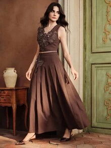 Anewsta Bộ 2 áo dài tay in họa tiết và quần short cho nữ - màu nâu - Xem 4