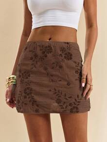 SHEIN BAE 女式夏季度假串珠刺绣迷你裙 - 棕色 - 查看 7