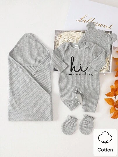 SHEIN 4件套灰色坑条纹印花长袖连体衣，适合新生儿和男孩，帽子，手套，包，组合礼品套装，舒适简单的面料，适合送给家里的人