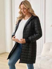 SHEIN Maternity Solid Color Long Sleeve Zip-Up 3-In-1 Hooded Jacket, Autumn/Winter - Black - View 6