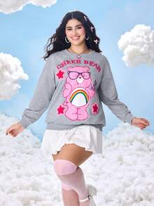 SHEIN X Care Bears 秋季大码休闲熊印花圆领落肩宽松卫衣 - 灰色 - 查看 3