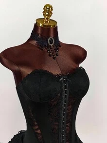 Amplova Váy ngắn hở vai nhiều lớp phối ren đen, váy mùa hè dành cho nữ - màu đen - Xem 6