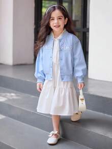 年轻女孩休闲百搭字母刺绣夹克 - 藍色 - 查看 3