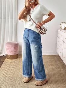 EMERY ROSE 女式休闲水洗做旧直筒牛仔裤 - 藍色 - 查看 6