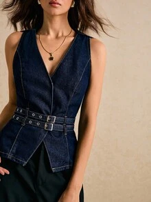 2026 Parte superior de mezclilla sin mangas con diseño de hebilla en la cintura y cuello en V para mujer - Negro - Ver 10