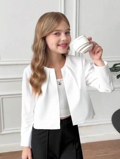 SHEIN Tween Girl White Solid Color Pleated Round Neck Open Front Cropped 3/4 Sleeve Jacket,Autumn Wedding Guest Preppy Cardigan,Back To School Casual Coat