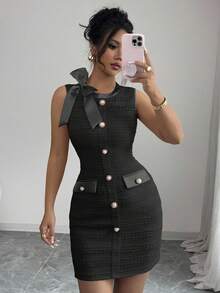 Elenzga 无袖春夏初秋蝴蝶针织纹理金属珍珠纽扣法式优雅缎面弹力修身迷你连衣裙 - 黑色 - 查看 7