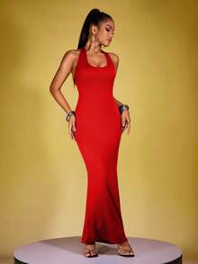 INAWLY Women's Solid Color Slim Fit Casual Dress, Summer - Red - View 4