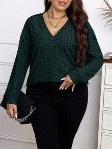 Elenzga Plus Size Casual Versatile Solid Color Long Sleeve T-Shirt Fall Cloth For Women - Dark Green - View 4