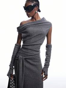 LYSMO 女士优雅纯色不对称领口连衣裙 - 摩卡棕 - 查看 7