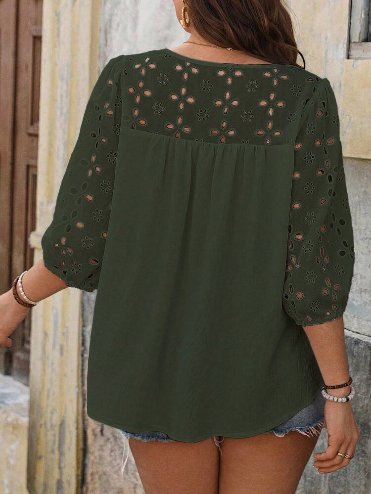 SHEIN Holidaya Áo chui đầu tay 3/4 hở vai cho kỳ nghỉ hè thường ngày cỡ lớn - xanh quân đội - Xem 2
