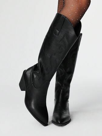 Women's Dark Punk Gothic Boots, Black V-Cut Embroidered Western Long Boots, Low Heel Leather High Shaft Boots