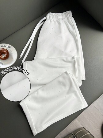 Hanevo 女士时尚水钻装饰高腰抽绳宽松直筒运动裤