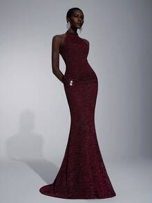 Elitara 优雅、浪漫、端庄、简约、酒红色、针织弹力面料、鱼尾下摆、拖尾、时尚、网红、节日、度假、生日派对、婚礼活动、伴娘礼服、舞会礼服、伴娘礼服 - 酒紅色 - 查看 4