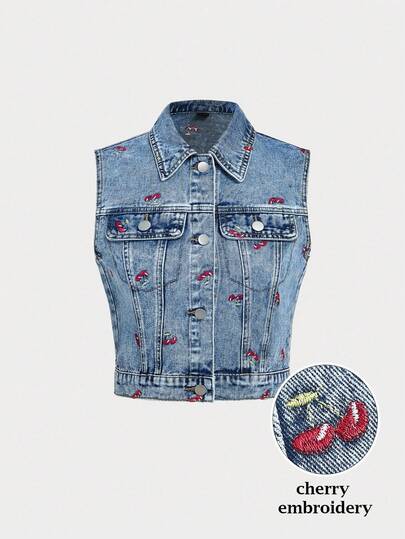 SHEIN MOD 女士夏季时尚樱桃刺绣前扣牛仔上衣刺绣牛仔背心，樱桃刺绣牛仔无袖背心，女士秋季，女士外出背心，Y2k，女士生日，女士牛仔女郎，女士西部装，女士秋季背心，女士秋季，乡村音乐会，老钱风格女士，街头服饰，休闲女士，辣妹，圣诞节，外出上衣，圣诞背心
