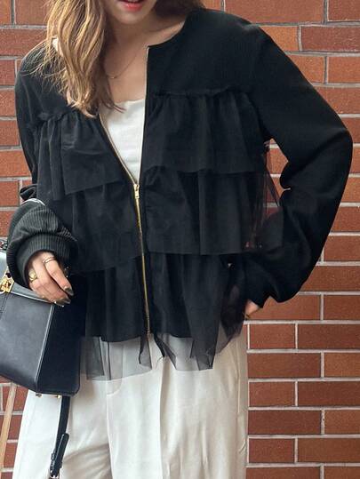 FRIFUL 女式圆领金属拉链装饰宽松多层网眼荷叶边拼布纯色修身宽松长袖 T 恤，万圣节服装，秋季