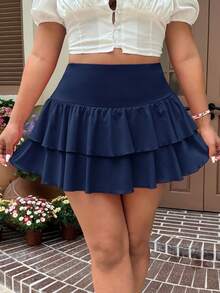 SHEIN EZwear 大码海军蓝高腰休闲A字裙 - 藏蓝色 - 查看 3