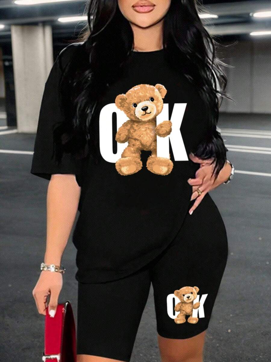 Slaydiva 2pcs/Set Casual Loose Bear Print Short Sleeve T-Shirt And Bear Printed Skinny Cycling Pants, Summer Suitable For Going Out - Black - View 1