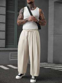 Manfinity Homme Men's Solid Color Casual Pants, Fall - Beige - View 4