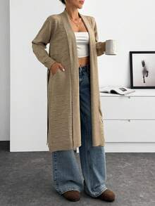 EURMUSE 女士纯色落肩长袖口袋休闲长款开衫 - 米色 - 查看 5