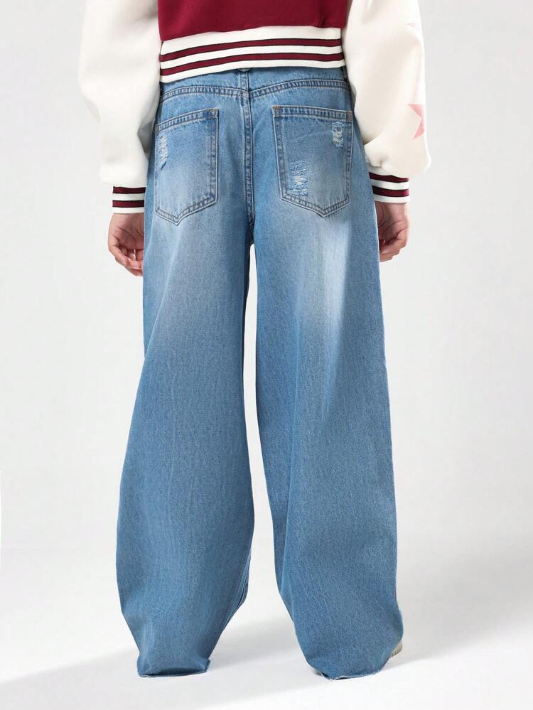 Wide Leg Distressed Ripped Frayed Hems Loose Fit Jeans