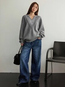 Dazy-Less Women's Loose Business Casual V-Neck Patchwork Pullover Sweater, Suitable For Commuting And Office Wear, Autumn/Winter - Grey - View 4