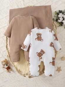 3pcs Newborn Baby Boy Long Sleeve Footed Romper & Blanket Set, Cute Bear Pattern, Woven Fabric Home Outfit Fall Winter - Multicolor - View 2