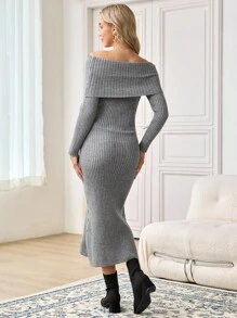 SHEIN 孕妇纯色露肩长袖修身优雅针织连衣裙，秋季 - 灰色 - 查看 3