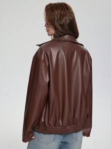 Sparklyn Chaqueta con cremallera y solapa de estilo punk para mujer, otoño/invierno - Marrón Chocolate - Ver 2