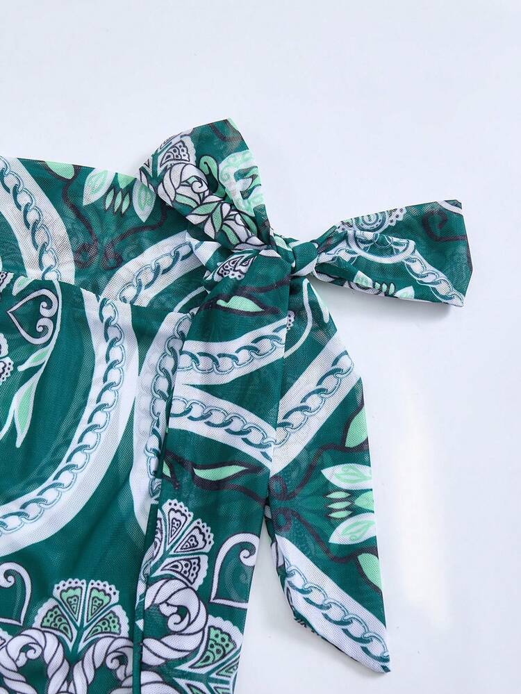 Swim Oasis Maiô Franzido de Tecido Brilhante Verde Esmeralda para Mulheres Plus Size, Elegante Casual Boêmio de Férias, Adequado para Férias na Praia - Multicolorido - Visão 4