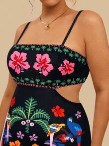 Travachic Plus Size Tropical Colorful Parrot Print Hollow Back Sleeveless Casual Summer Holiday Dress - Black - View 6