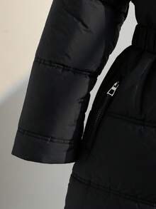 Girls' Casual Hooded Padded Coat With Fur Collar, Elastic Waist Belt, Pockets And Zipper Design, Loose Fit, Comfortable For Autumn/Winter, Suitable For Daily, Commuting, Outdoor, Party And Photo Shooting Fall - Black - View 4