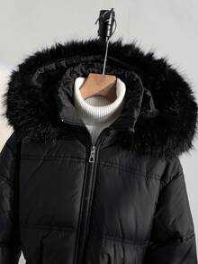 Girls' Casual Hooded Padded Coat With Fur Collar, Elastic Waist Belt, Pockets And Zipper Design, Loose Fit, Comfortable For Autumn/Winter, Suitable For Daily, Commuting, Outdoor, Party And Photo Shooting Fall - Black - View 5