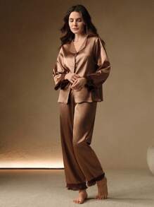 Anewsta 多层蕾丝缎面女士睡衣套装，适合节日、度假、冬季穿着 - 咖啡棕 - 查看 7