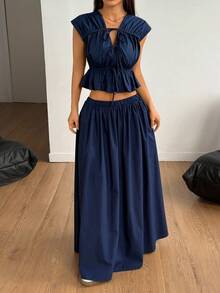 SHEIN PETITE Women's Solid Color Tie Front Ruffle Hem Top And Skirt 2 Pieces Set ,Petite Women - Navy Blue - View 5