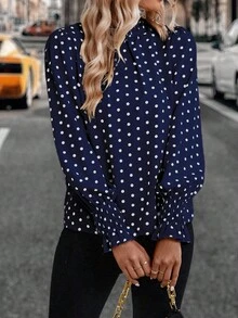 EMERY ROSE 女士休闲波尔卡圆点印花长袖衬衫 - 寶藍色 - 查看 5