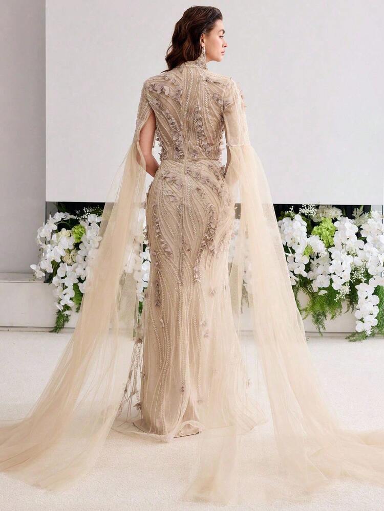 MOTF Soiréza GORGEOUS EXTRA-LONG SLEEVES FLORAL APPLIQUE SPLIT THIGH BEADED FORMAL DRESS EVENING GOWN